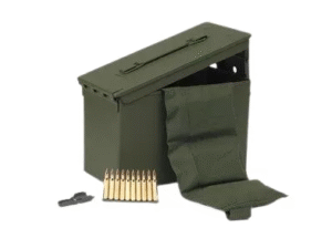 PMC Bronze .223 Remington 55 grain FMJ ammo can with a .223 stripper clip and bandoleer of boxes showing an 840-round bulk pack